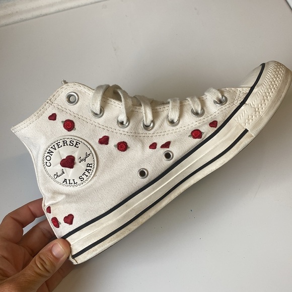 Converse Chuck Taylor ALL STAR White High-Tops with Red Heart & Roses Accents - Picture 6 of 15